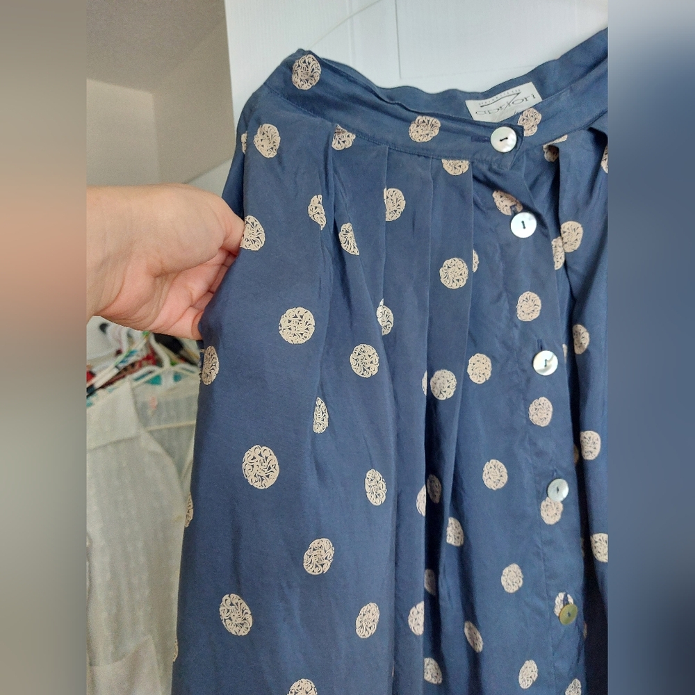 Vintage Apriori Escada Blue Gold Polka Dot Silk Skirt - Mother Of Pearls - Small - Picture 7 of 8